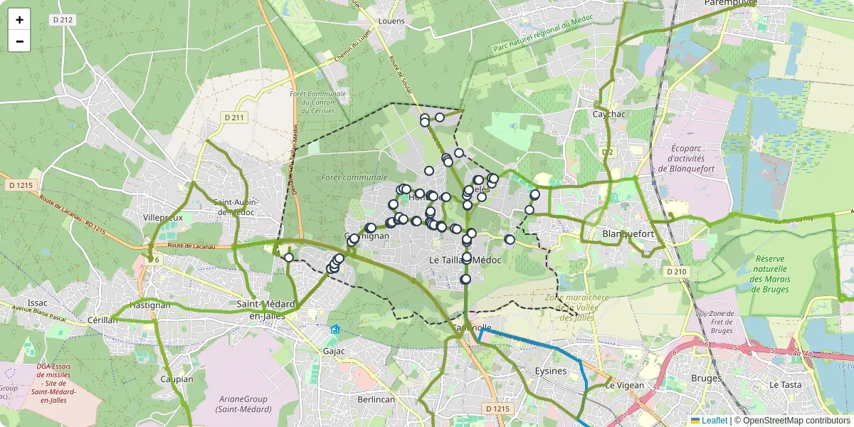 Carte du réseau de transport en commun à Le Taillan-Médoc - lignes de bus et arrêts