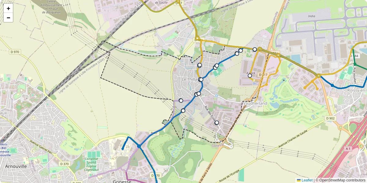 Carte du réseau de transport en commun à Le Thillay - lignes de bus et arrêts