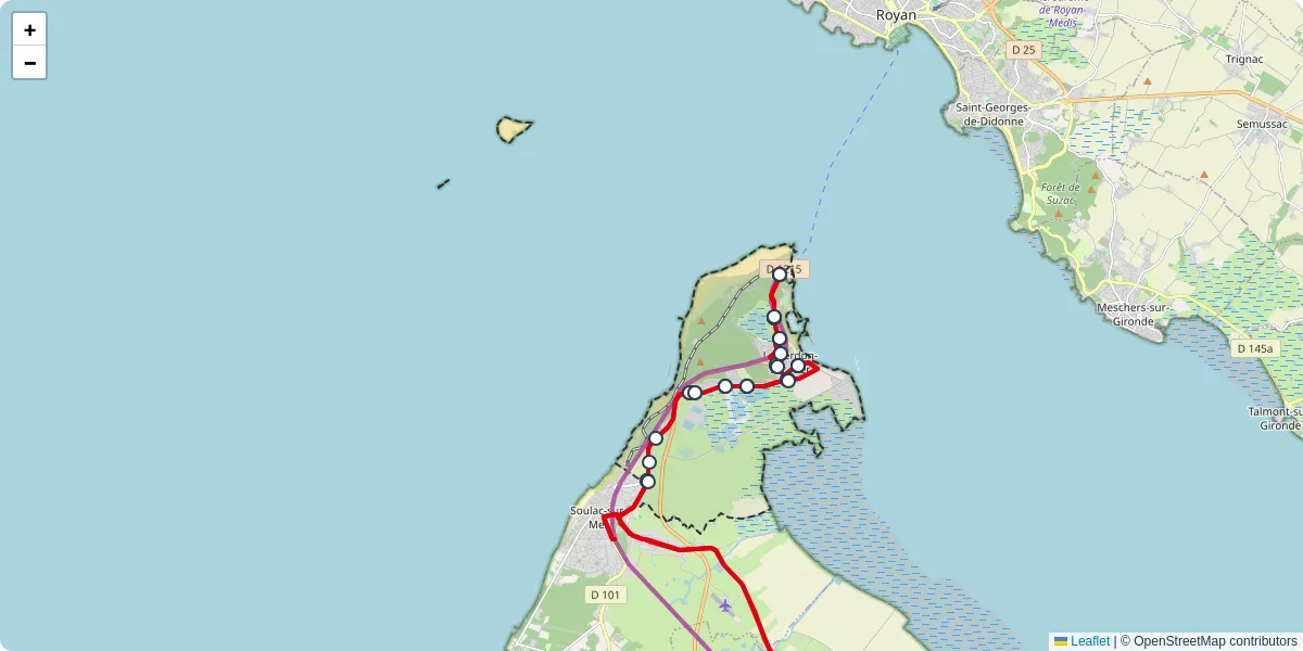 Carte du réseau de transport en commun à Le Verdon-sur-Mer - lignes de bus et arrêts