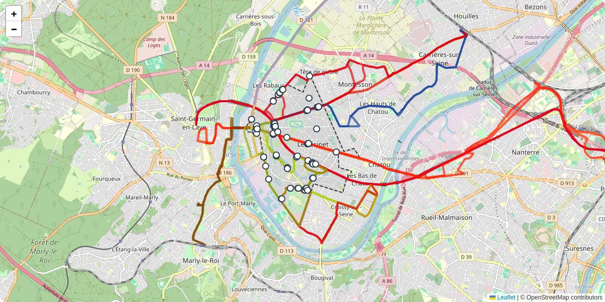 Carte du réseau de transport en commun à Le Vésinet - lignes de bus et arrêts