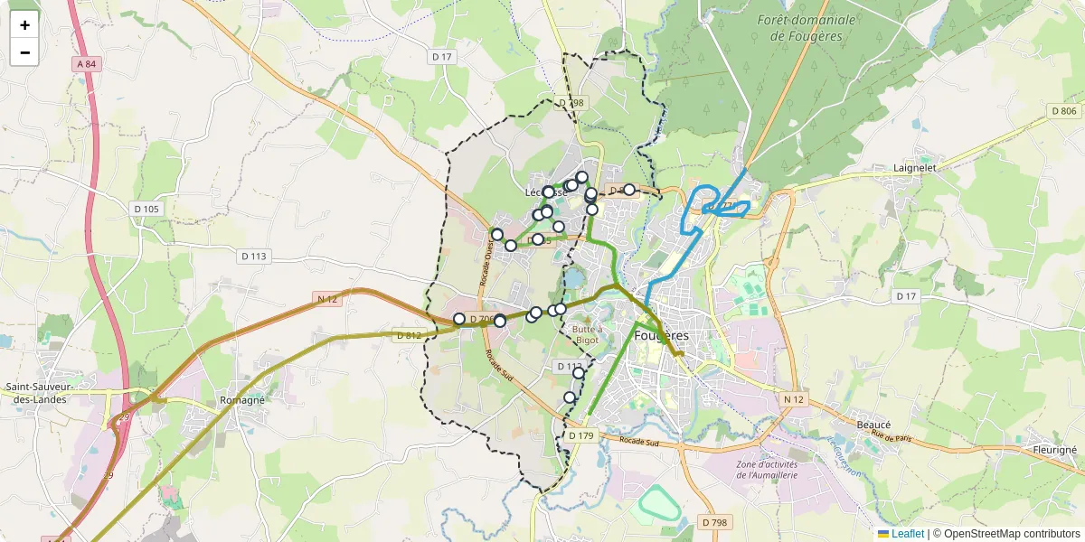 Carte du réseau de transport en commun à Lécousse - lignes de bus et arrêts