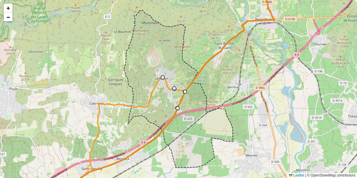 Carte du réseau de transport en commun à Lédenon - lignes de bus et arrêts