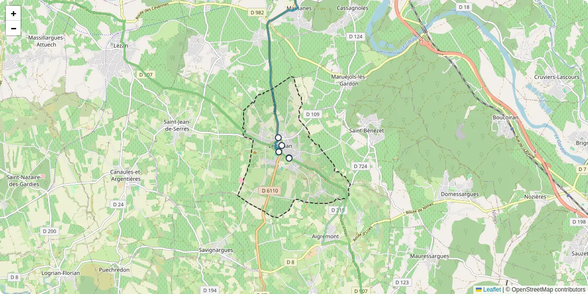 Carte du réseau de transport en commun à Lédignan - lignes de bus et arrêts