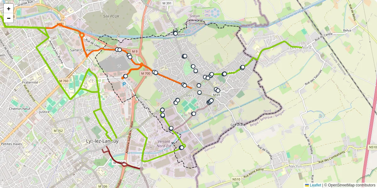 Carte du réseau de transport en commun à Leers - lignes de bus et arrêts