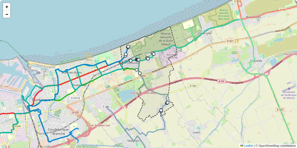 Carte du réseau de transport en commun à Leffrinckoucke - lignes de bus et arrêts