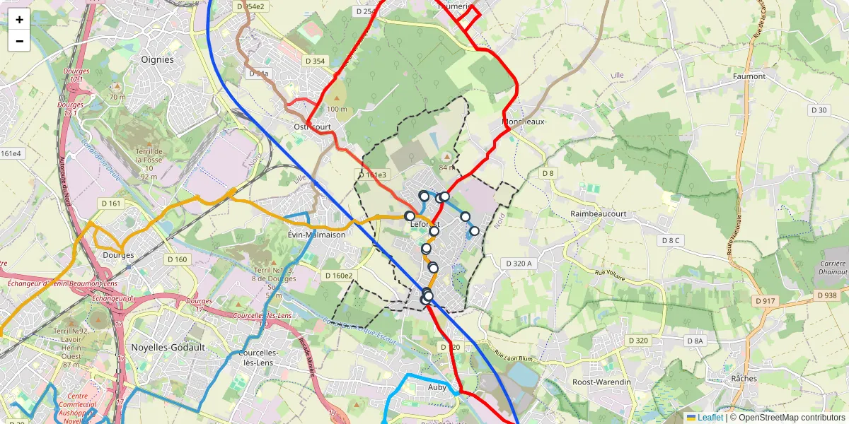Carte du réseau de transport en commun à Leforest - lignes de bus et arrêts
