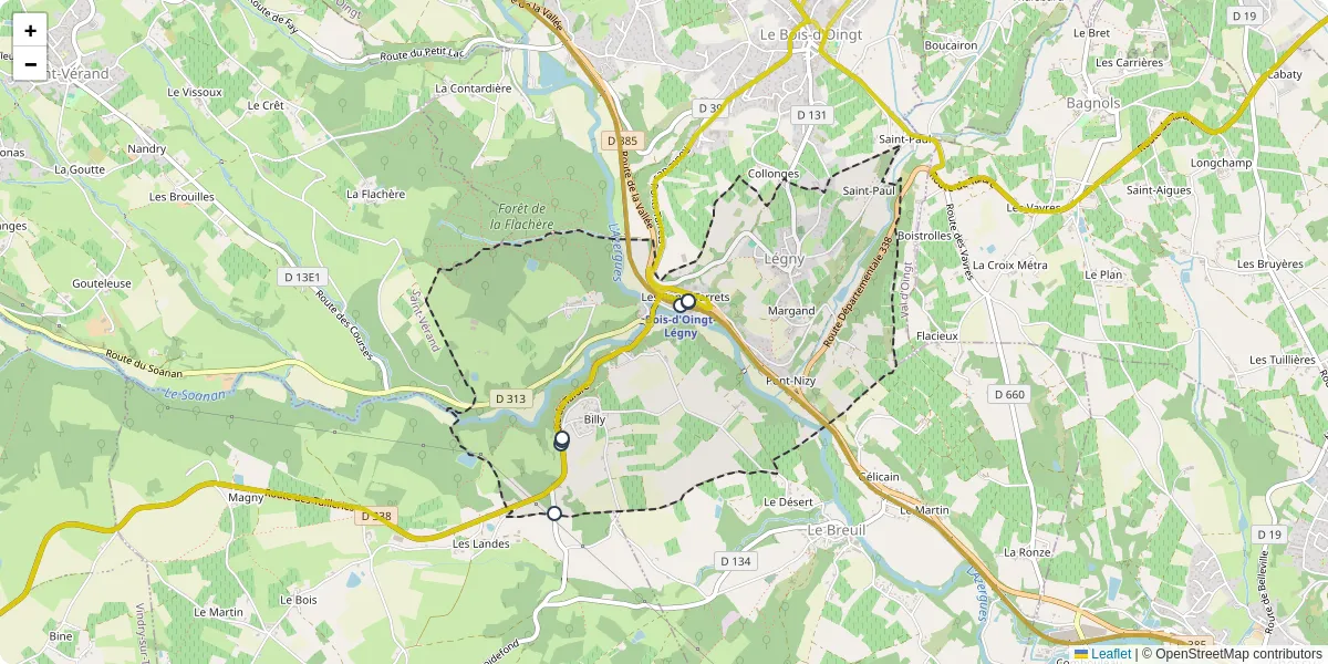 Carte du réseau de transport en commun à Légny - lignes de bus et arrêts