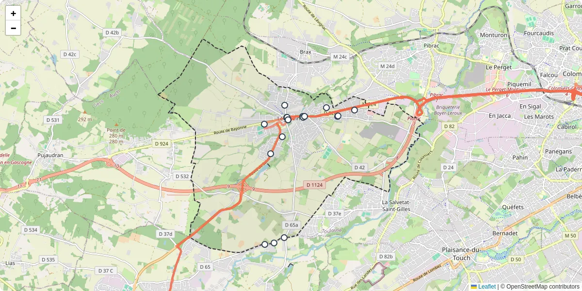 Carte du réseau de transport en commun à Léguevin - lignes de bus et arrêts