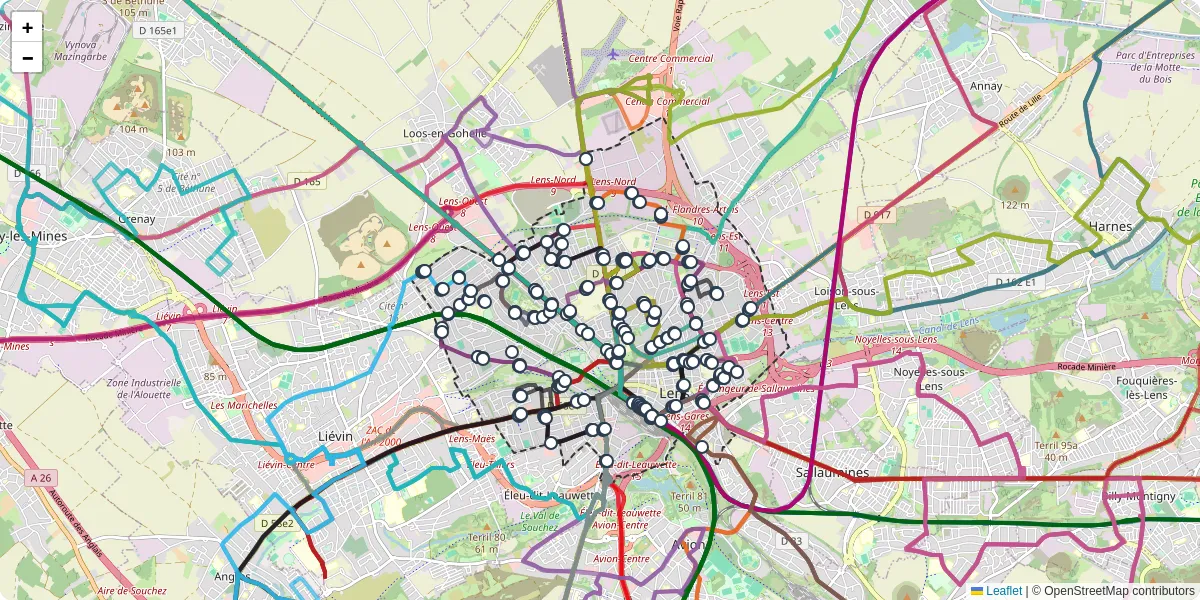 Carte du réseau de transport en commun à Lens - lignes de bus et arrêts