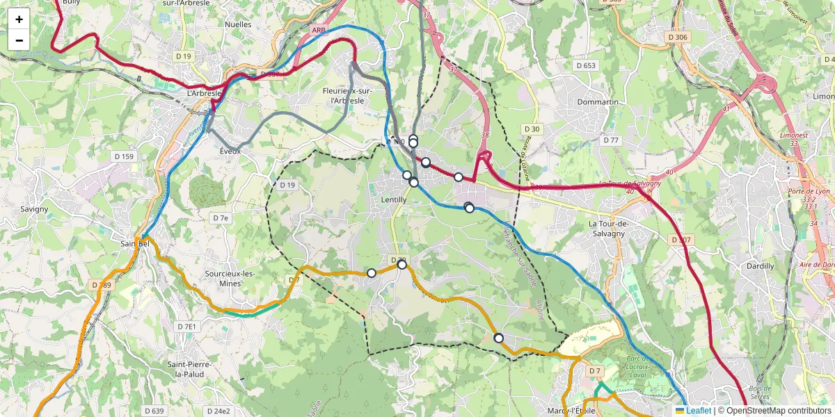 Carte du réseau de transport en commun à Lentilly - lignes de bus et arrêts