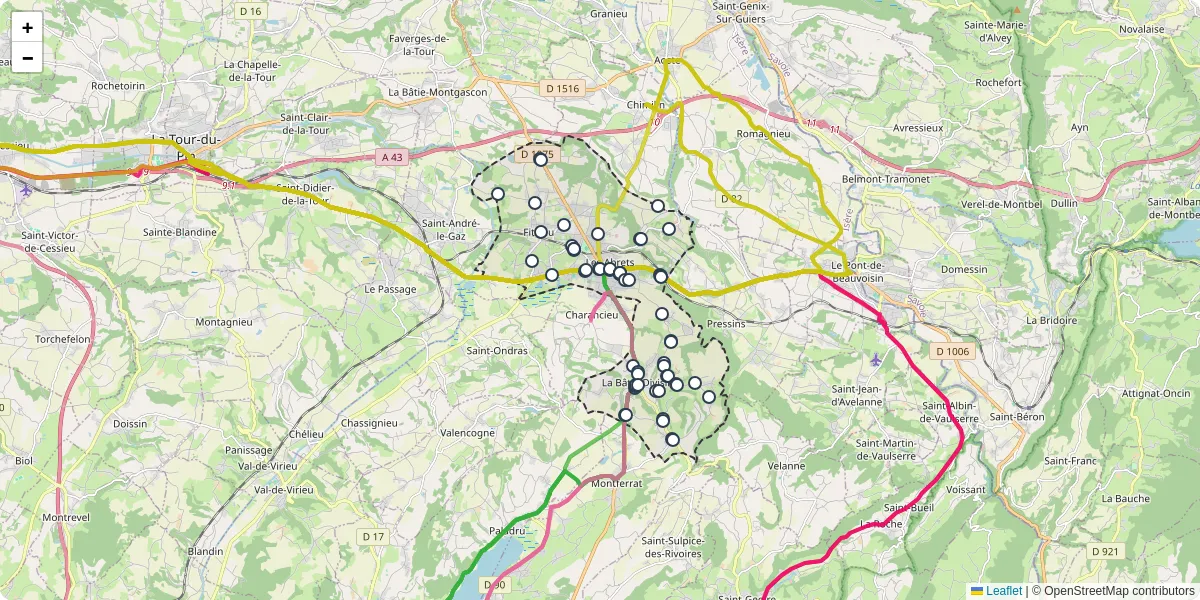 Carte du réseau de transport en commun à Les Abrets en Dauphiné - lignes de bus et arrêts