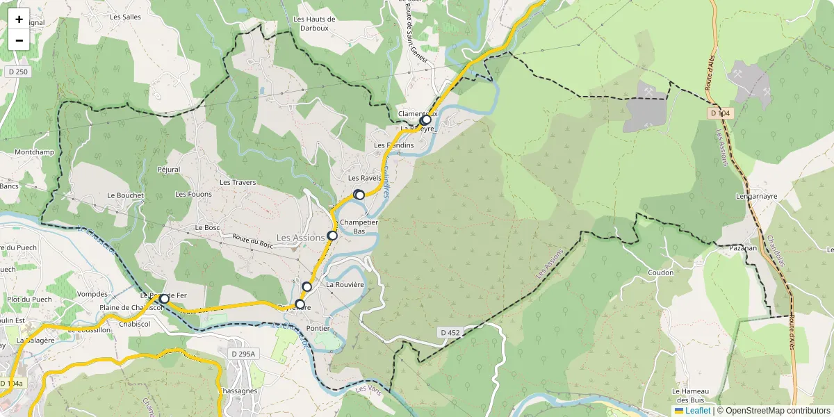 Carte du réseau de transport en commun à Les Assions - lignes de bus et arrêts