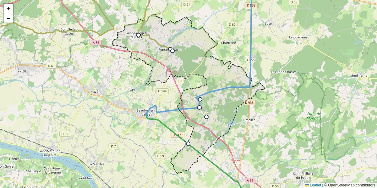Carte du réseau de transport en commun à Les Bois d'Anjou - lignes de bus et arrêts