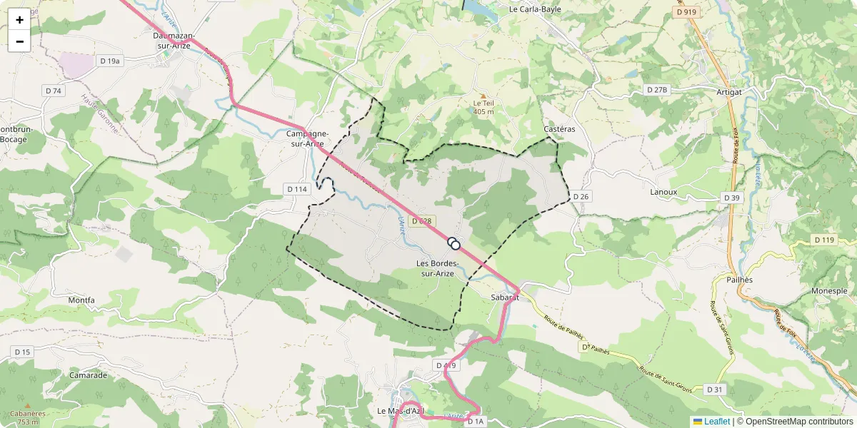 Carte du réseau de transport en commun à Les Bordes-sur-Arize - lignes de bus et arrêts