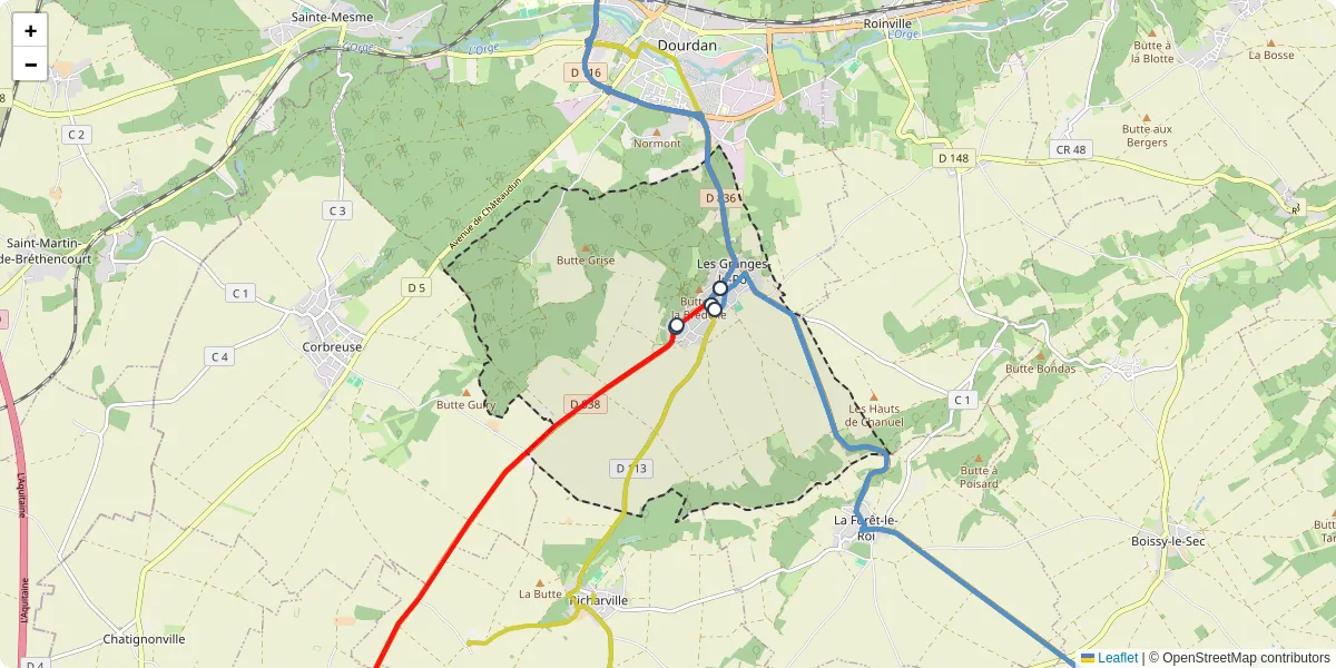 Carte du réseau de transport en commun à Les Granges-le-Roi - lignes de bus et arrêts