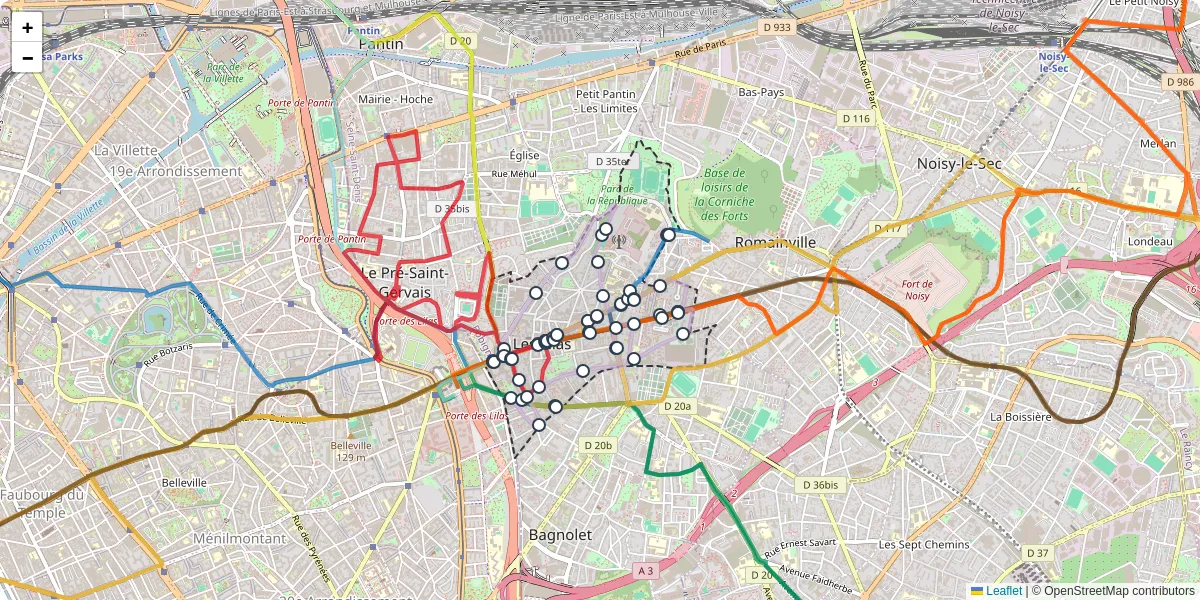 Carte du réseau de transport en commun à Les Lilas - lignes de bus et arrêts