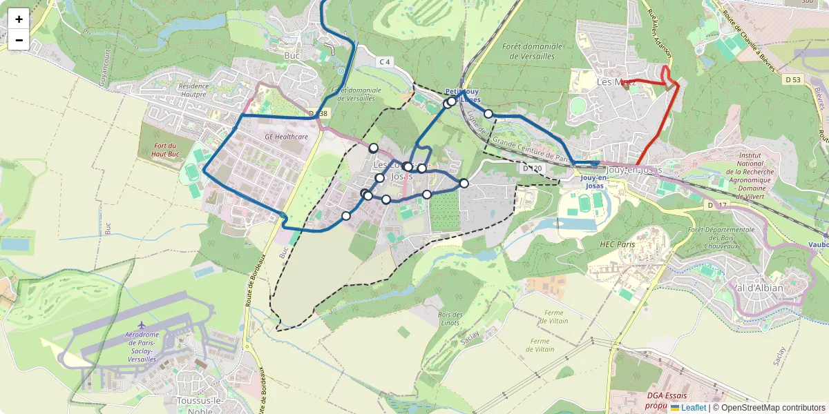 Carte du réseau de transport en commun à Les Loges-en-Josas - lignes de bus et arrêts