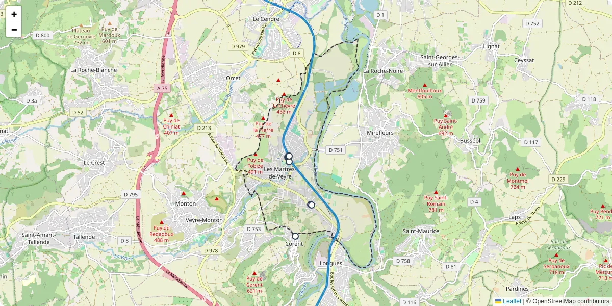 Carte du réseau de transport en commun à Les Martres-de-Veyre - lignes de bus et arrêts