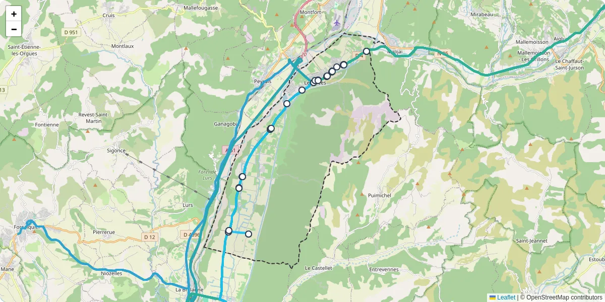 Carte du réseau de transport en commun à Les Mées - lignes de bus et arrêts