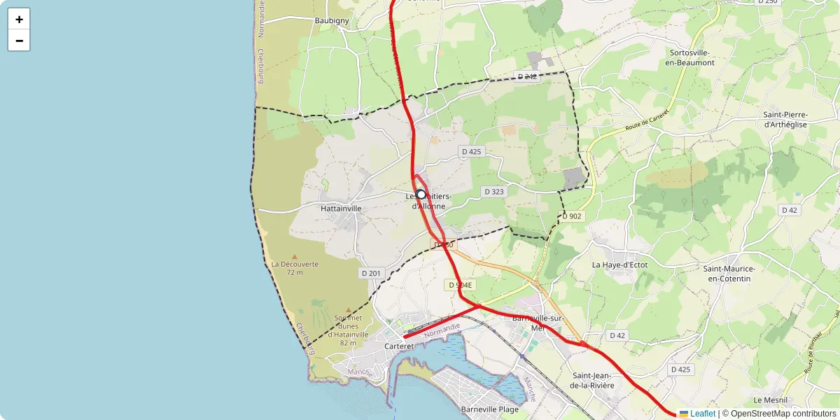 Carte du réseau de transport en commun à Les Moitiers-d'Allonne - lignes de bus et arrêts