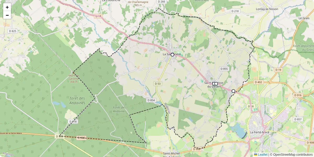 Carte du réseau de transport en commun à Les Monts-d'Andaine - lignes de bus et arrêts