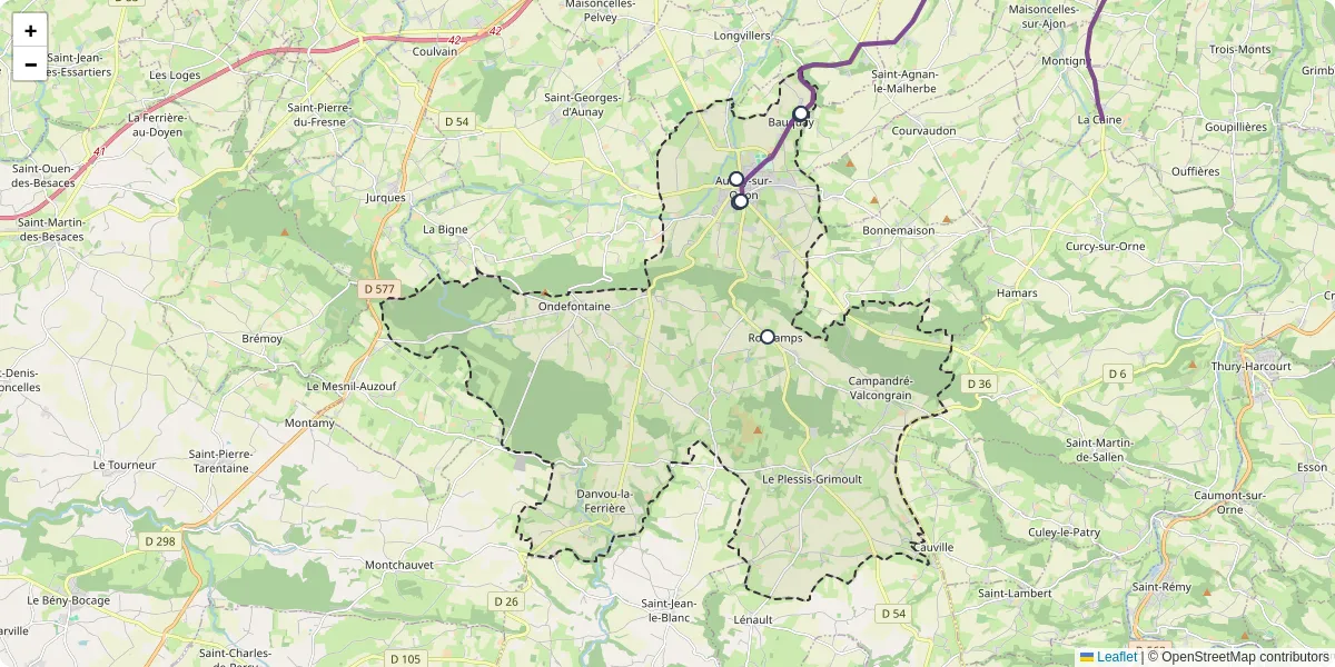 Carte du réseau de transport en commun à Les Monts d'Aunay - lignes de bus et arrêts