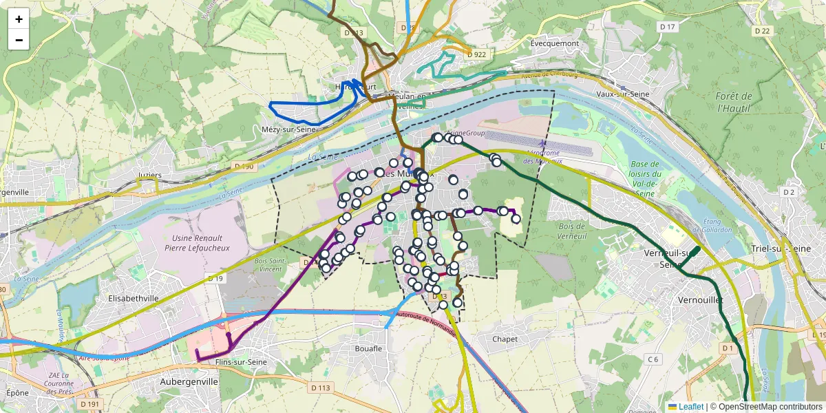 Carte du réseau de transport en commun à Les Mureaux - lignes de bus et arrêts