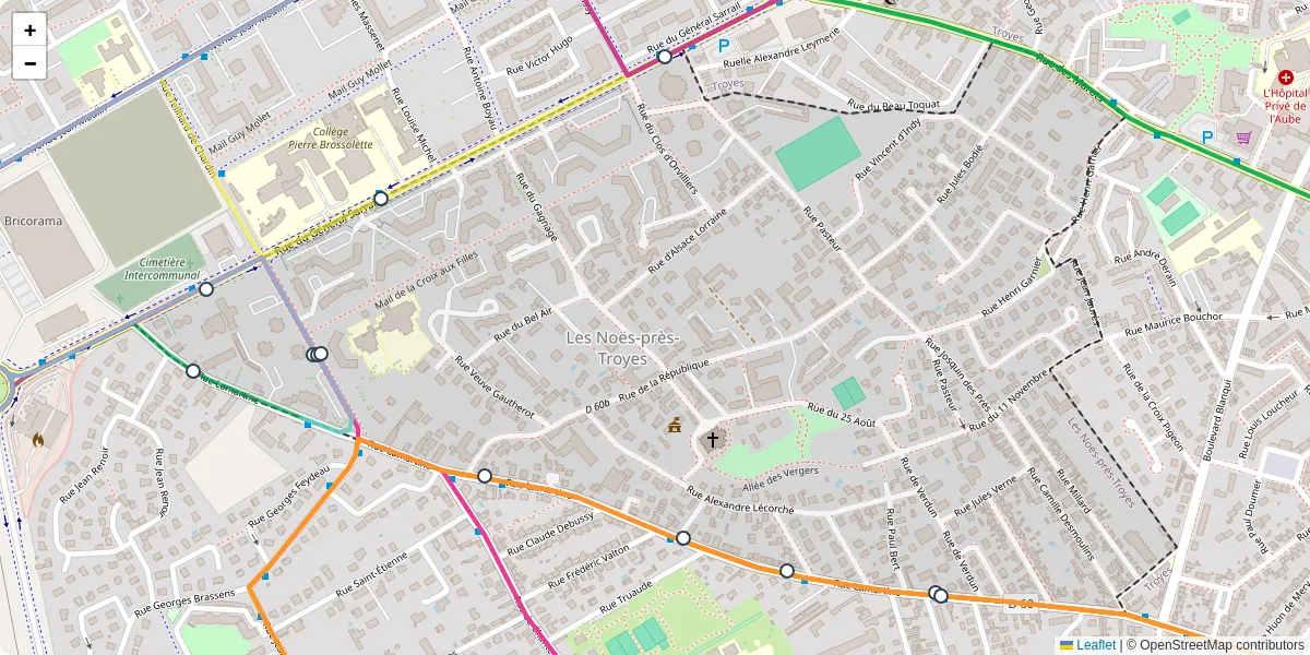 Carte du réseau de transport en commun à Les Noës-près-Troyes - lignes de bus et arrêts