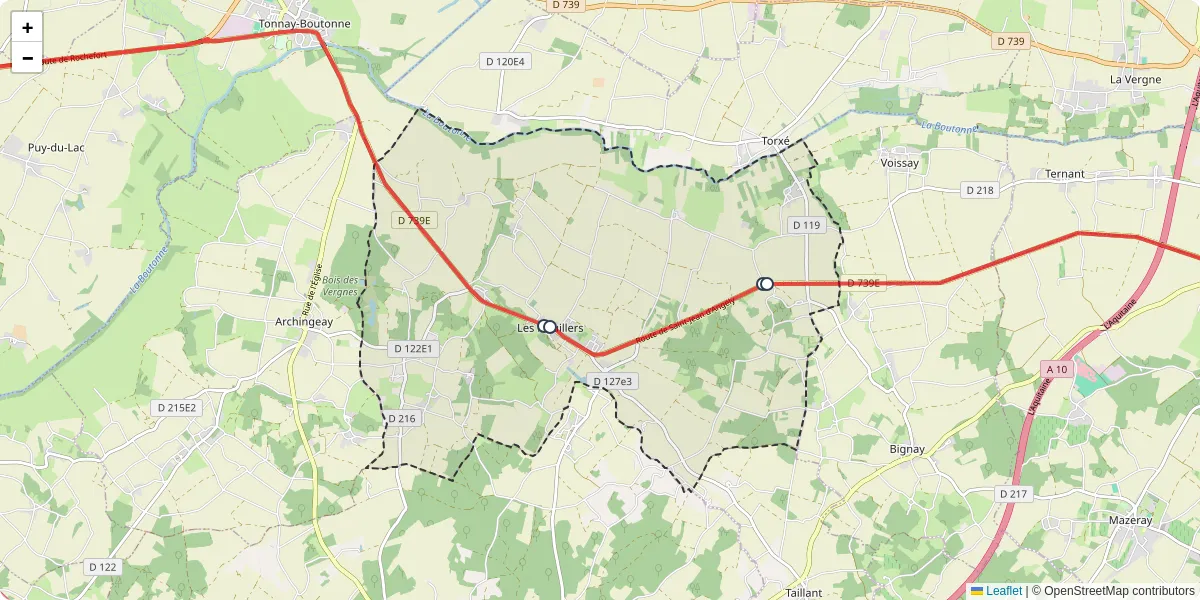 Carte du réseau de transport en commun à Les Nouillers - lignes de bus et arrêts