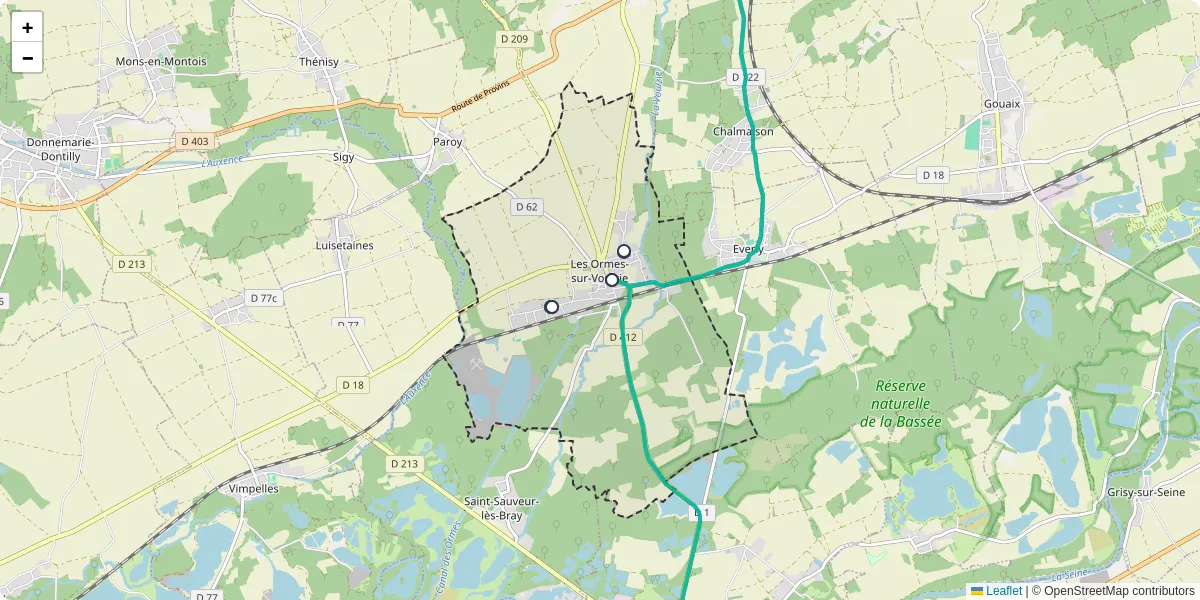 Carte du réseau de transport en commun à Les Ormes-sur-Voulzie - lignes de bus et arrêts