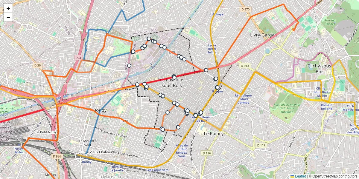 Carte du réseau de transport en commun à Les Pavillons-sous-Bois - lignes de bus et arrêts