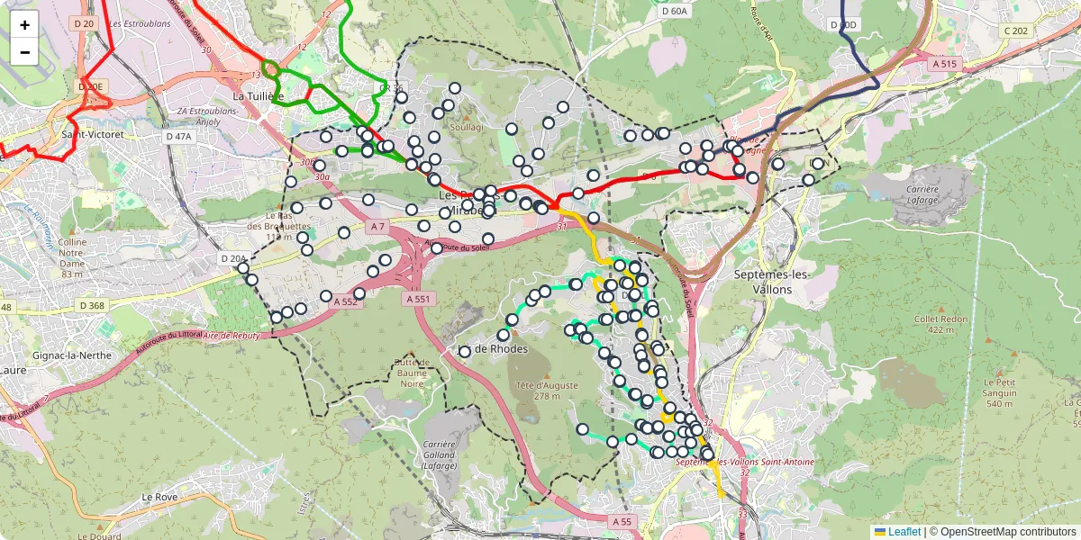 Carte du réseau de transport en commun à Les Pennes-Mirabeau - lignes de bus et arrêts