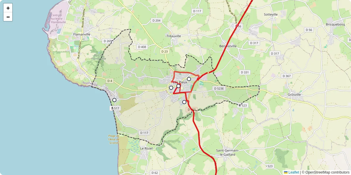 Carte du réseau de transport en commun à Les Pieux - lignes de bus et arrêts