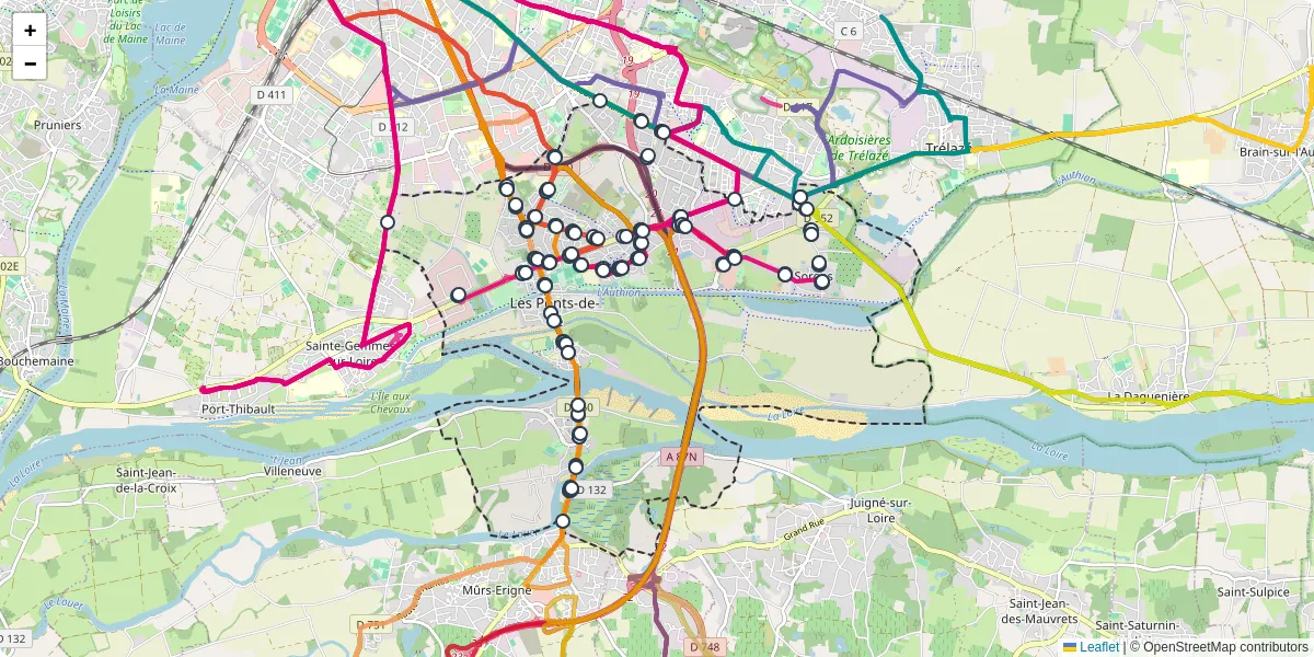 Carte du réseau de transport en commun à Les Ponts-de-Cé - lignes de bus et arrêts