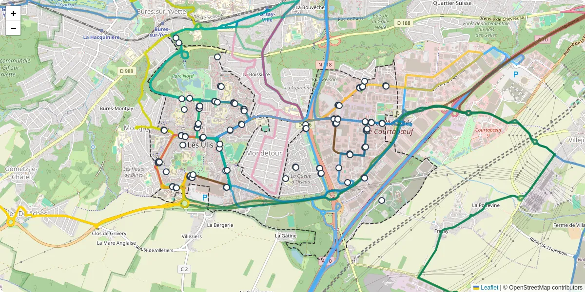 Carte du réseau de transport en commun à Les Ulis - lignes de bus et arrêts