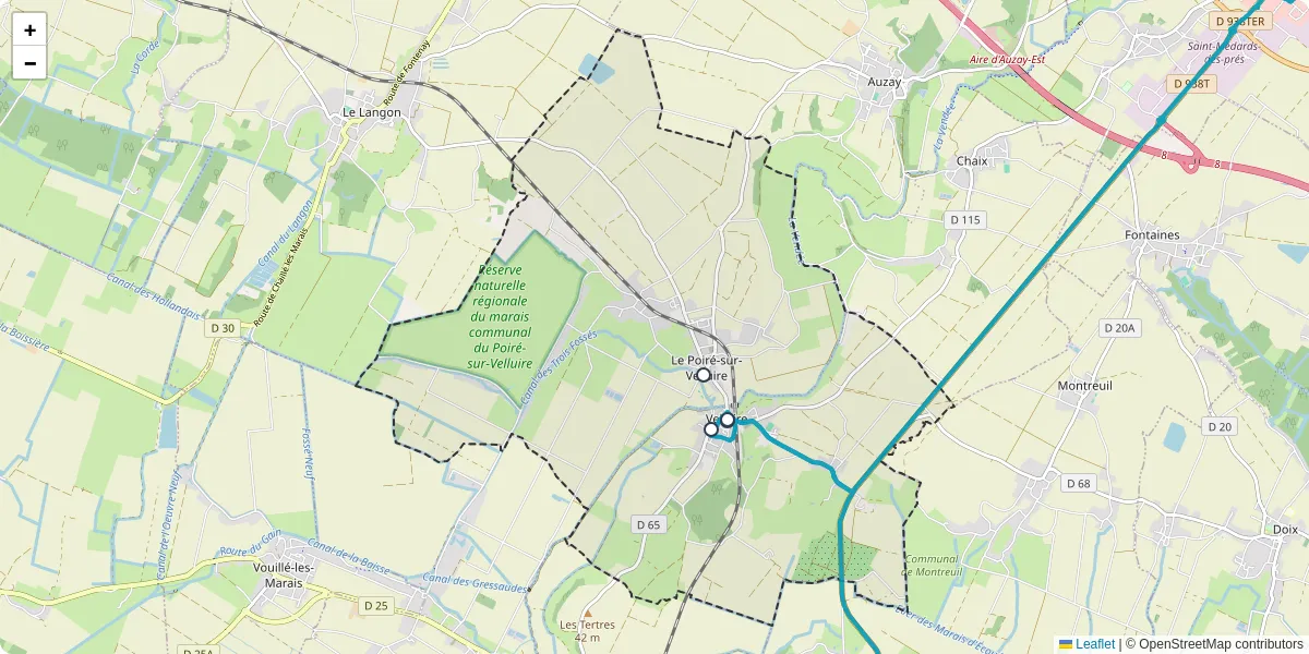 Carte du réseau de transport en commun à Les Velluire-sur-Vendée - lignes de bus et arrêts