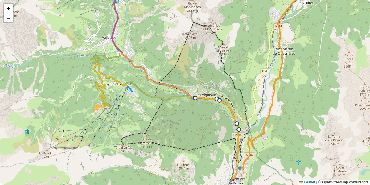 Carte du réseau de transport en commun à Les Vigneaux - lignes de bus et arrêts