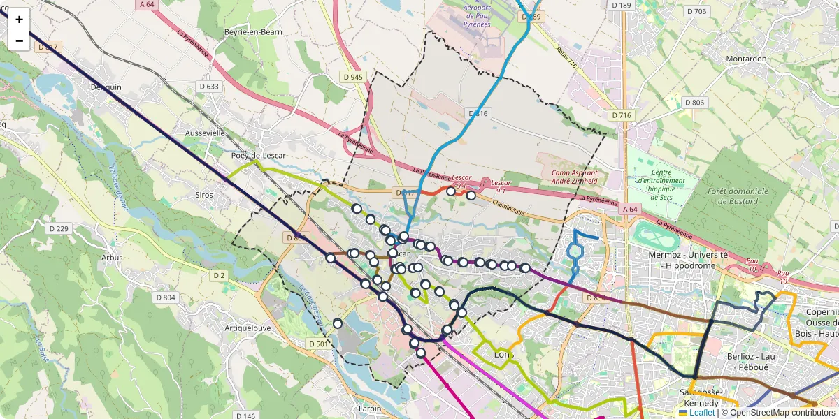 Carte du réseau de transport en commun à Lescar - lignes de bus et arrêts