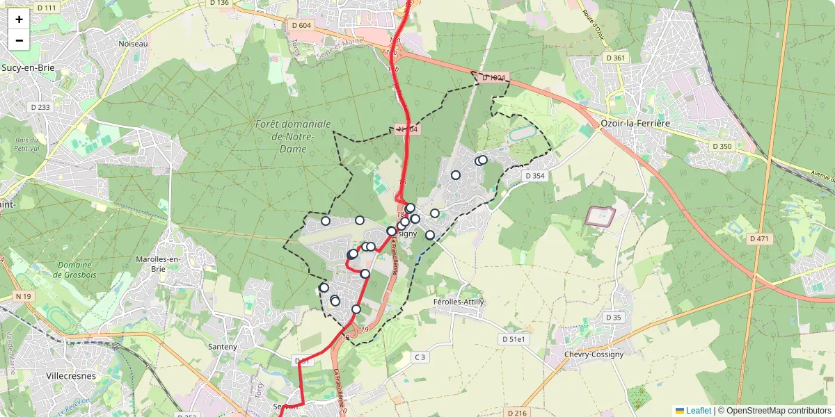 Carte du réseau de transport en commun à Lésigny - lignes de bus et arrêts