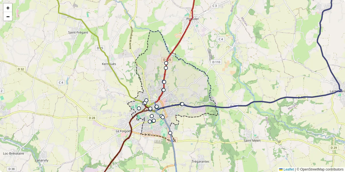 Carte du réseau de transport en commun à Lesneven - lignes de bus et arrêts