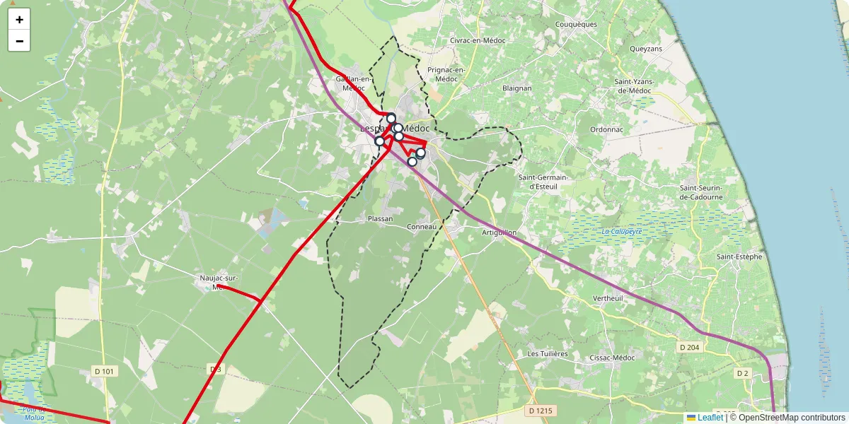 Carte du réseau de transport en commun à Lesparre-Médoc - lignes de bus et arrêts