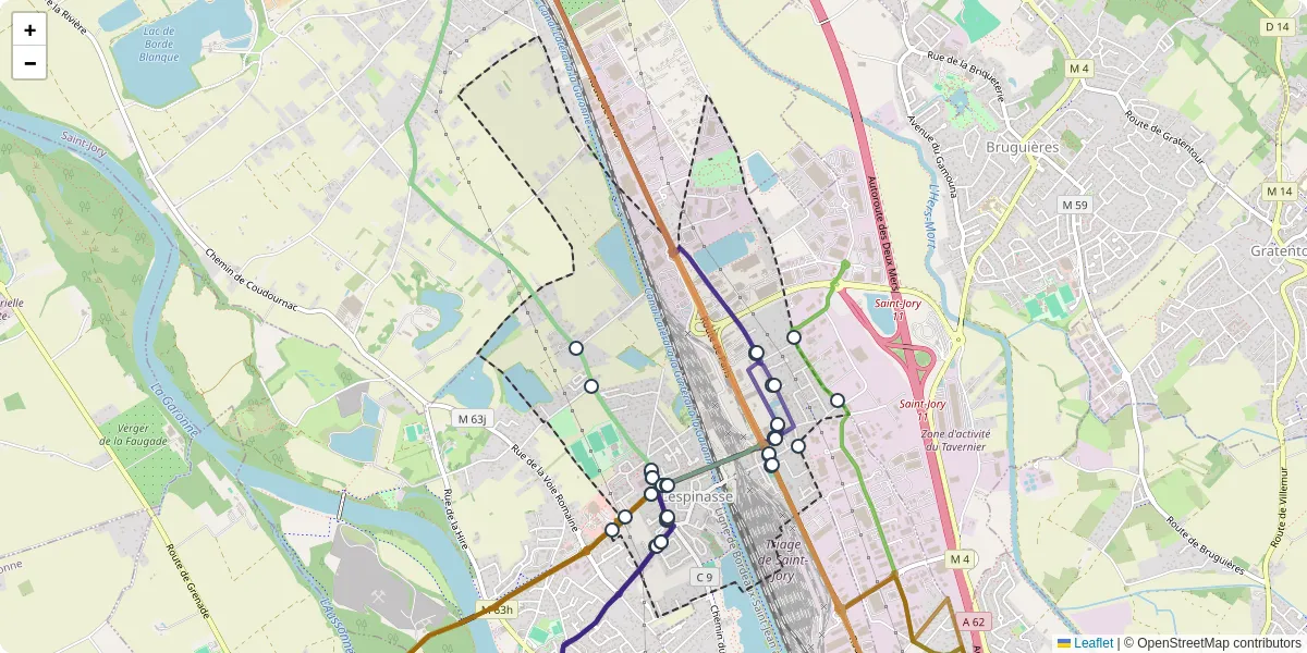 Carte du réseau de transport en commun à Lespinasse - lignes de bus et arrêts