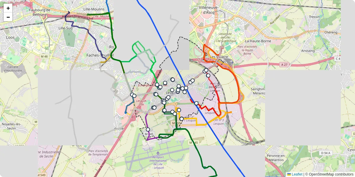 Carte du réseau de transport en commun à Lesquin - lignes de bus et arrêts