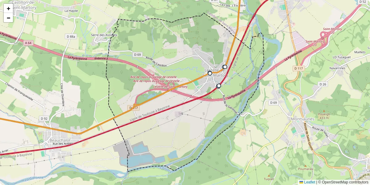 Carte du réseau de transport en commun à Lestelle-de-Saint-Martory - lignes de bus et arrêts