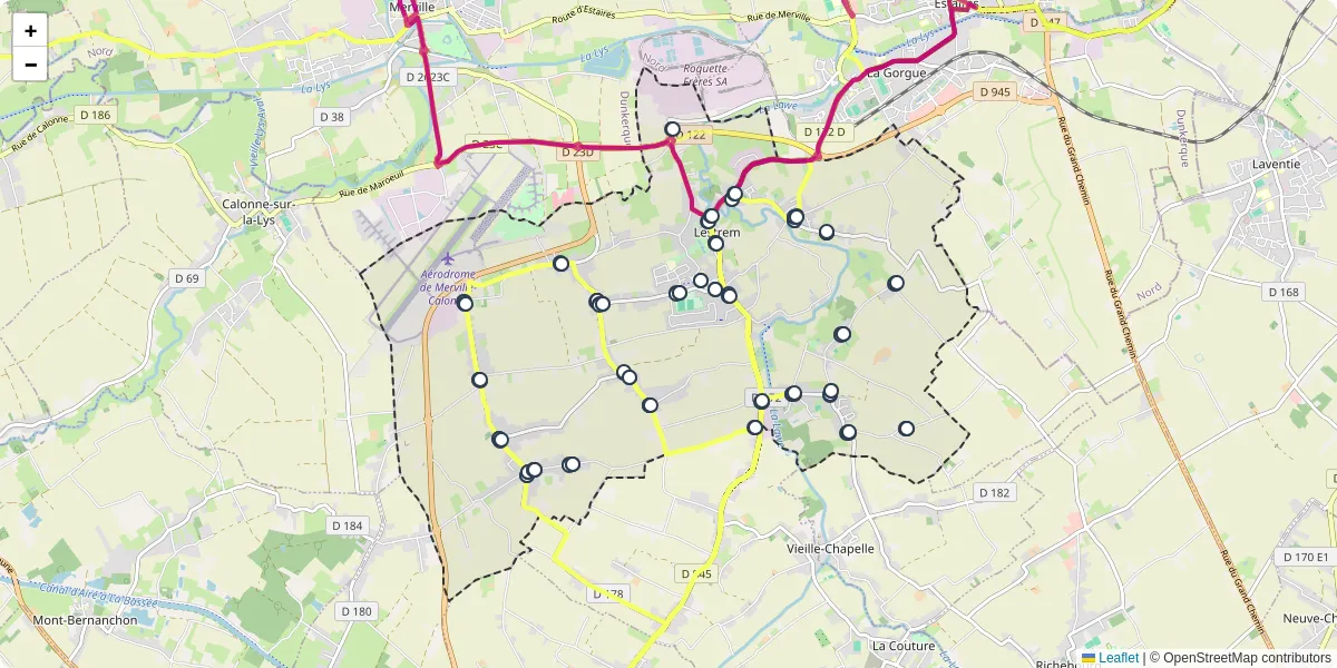 Carte du réseau de transport en commun à Lestrem - lignes de bus et arrêts