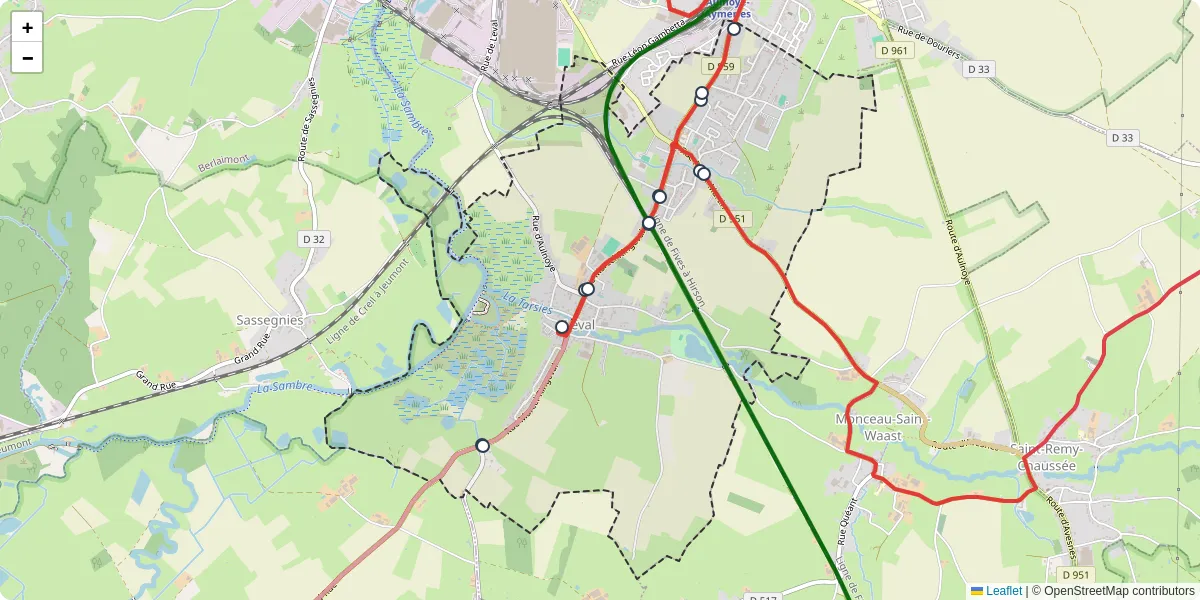 Carte du réseau de transport en commun à Leval - lignes de bus et arrêts