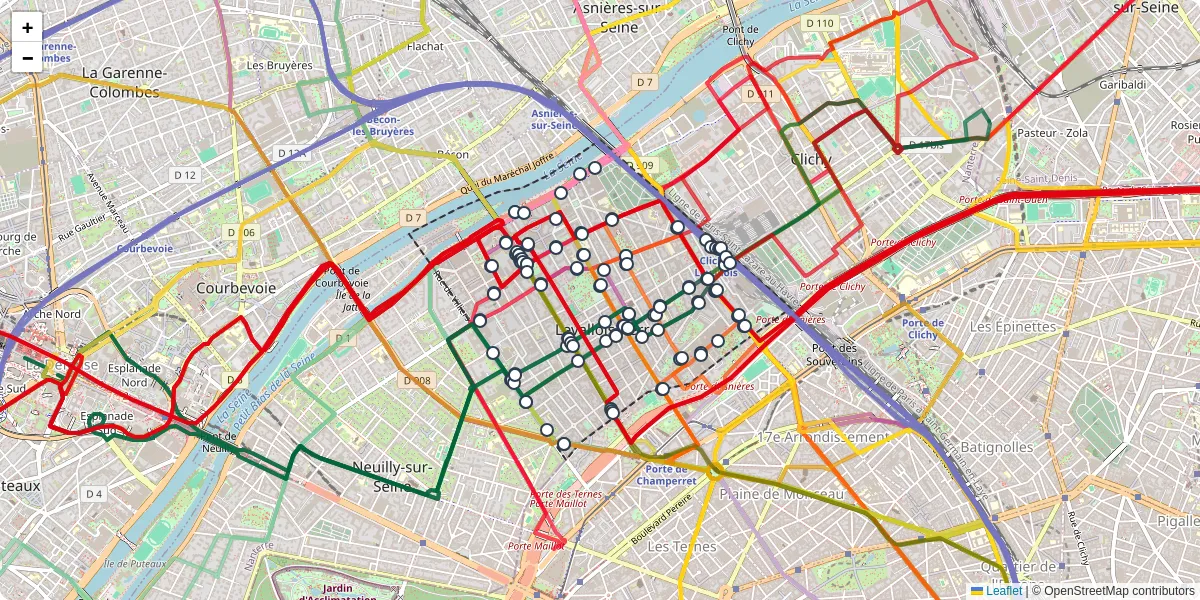 Carte du réseau de transport en commun à Levallois-Perret - lignes de bus et arrêts
