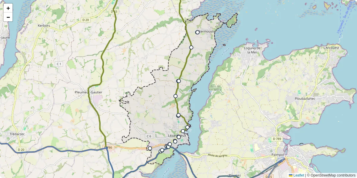 Carte du réseau de transport en commun à Lézardrieux - lignes de bus et arrêts