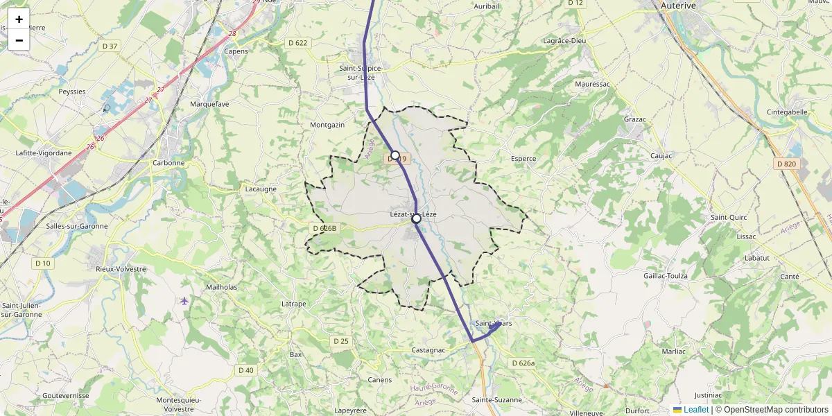Carte du réseau de transport en commun à Lézat-sur-Lèze - lignes de bus et arrêts