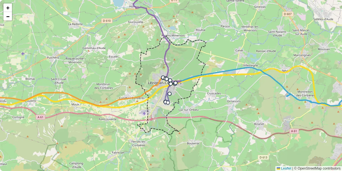 Carte du réseau de transport en commun à Lézignan-Corbières - lignes de bus et arrêts